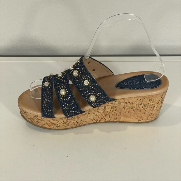 Patrizia By Spring Step Denim Pearl Gold Stud Embellish Cork Wedge Sandal Sz 38 - Picture 3 of 11